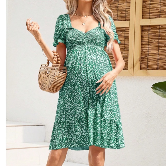 Maternity Floral Print Puff Sleeve High Waisted Ruffle Hem Mini Dress - Picture 1 of 8